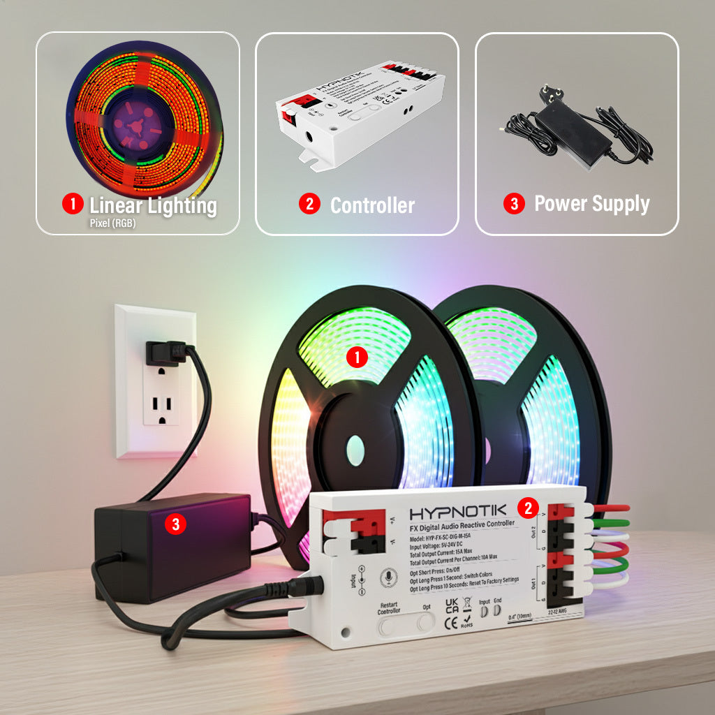 Audio Reactive Pixel Kit - Vibe Pixel Strip + Controller (Wi-Fi) + Pow ...